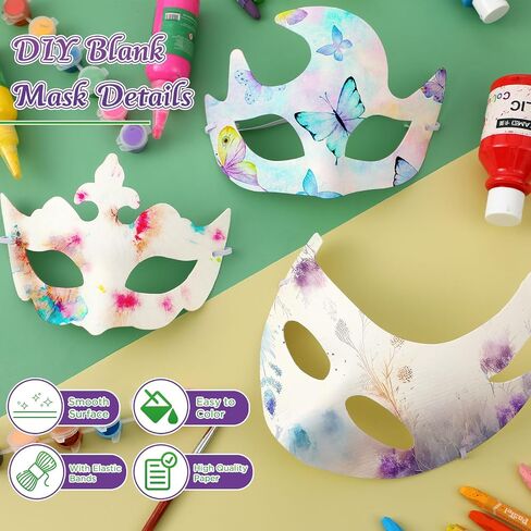 Poen 200 Pcs DIY White Masks Bulk, Paper Half Face Masquerade Masks with String Pulp Blank Paintable Masks Mardi Gras Mask for Halloween Cosplay Masquerade Party, 16 Styles in Saudi Arabia
