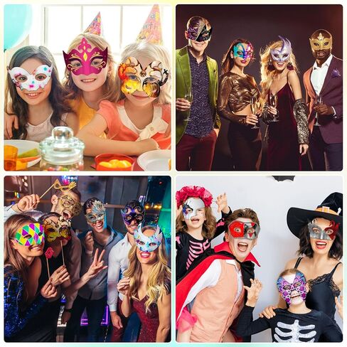 Poen 200 Pcs DIY White Masks Bulk, Paper Half Face Masquerade Masks with String Pulp Blank Paintable Masks Mardi Gras Mask for Halloween Cosplay Masquerade Party, 16 Styles in Saudi Arabia