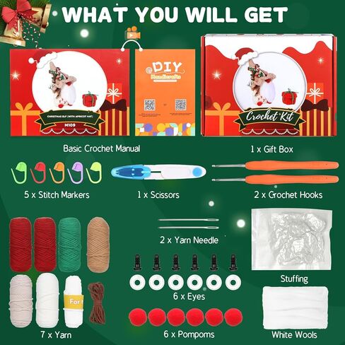 مجموعة الكروشيه للمبتدئين، مجموعة أدوات الكروشيه للمبتدئين في عيد الميلاد للبالغين والأطفال مع دروس فيديو خطوة بخطوة، مجموعة مكونة من 3 قطع من أدوات الكروشيه لعيد الميلاد لتزيين عيد الميلاد، لوازم الأعمال اليدوية ذاتية الصنع in Kuwait