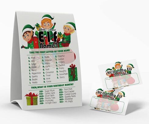 What's Your Elf Name Game، 1 علامة موضوع Elf و50 ملصقًا لبطاقة الاسم، ألعاب حفلات عيد الميلاد، لعبة عيد ميلاد للأطفال والكبار، لعبة نشاط للمكتب أو الفصل | JRKP044L in Kuwait