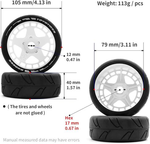 اطارات امامية وخلفية بجهاز تحكم عن بعد مقاس 105 ملم من سبونكسوند مع سداسي 17 ملم لعربات الطرق الوعرة مقاس 1/8 1/7، 4 قطع (ابيض) in Kuwait