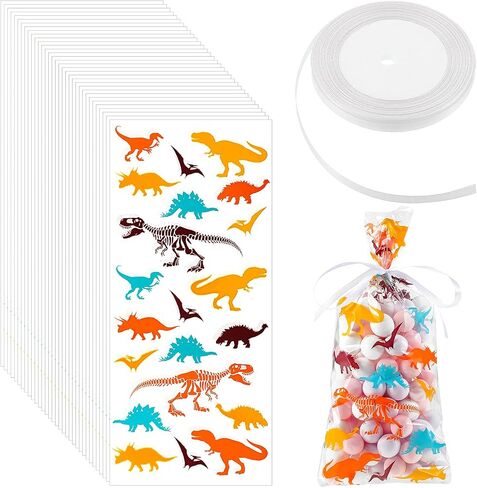 Outus 100 Pieces Dinosaur Cellophane Bags Clear Dinosaur Skeleton Bags Party Favors Bags with A Roll of Ribbon for Chocolate Candy Snacks Cookies Dinosaur Themed Party Supplies (Mixed Colors) in Saudi Arabia