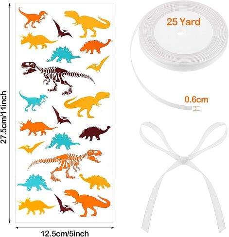 Outus 100 Pieces Dinosaur Cellophane Bags Clear Dinosaur Skeleton Bags Party Favors Bags with A Roll of Ribbon for Chocolate Candy Snacks Cookies Dinosaur Themed Party Supplies (Mixed Colors) in Saudi Arabia