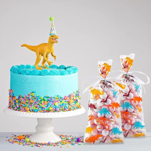Outus 100 Pieces Dinosaur Cellophane Bags Clear Dinosaur Skeleton Bags Party Favors Bags with A Roll of Ribbon for Chocolate Candy Snacks Cookies Dinosaur Themed Party Supplies (Mixed Colors) in Saudi Arabia