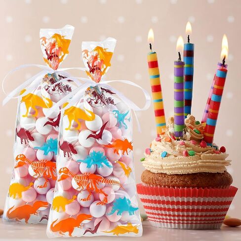 Outus 100 Pieces Dinosaur Cellophane Bags Clear Dinosaur Skeleton Bags Party Favors Bags with A Roll of Ribbon for Chocolate Candy Snacks Cookies Dinosaur Themed Party Supplies (Mixed Colors) in Saudi Arabia