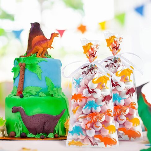 Outus 100 Pieces Dinosaur Cellophane Bags Clear Dinosaur Skeleton Bags Party Favors Bags with A Roll of Ribbon for Chocolate Candy Snacks Cookies Dinosaur Themed Party Supplies (Mixed Colors) in Saudi Arabia
