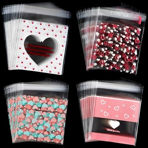 Whaline 400 Pieces Valentine Cellophane Bags Cookie Treat Bags, Heart Self-Adhesive Clear Plastic Candy Bags Party Favor Gifts Goodies Bags, 4 Styles in Saudi Arabia