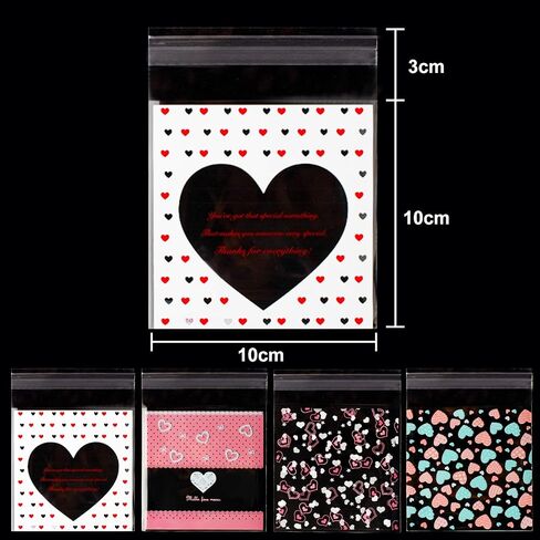 Whaline 400 Pieces Valentine Cellophane Bags Cookie Treat Bags, Heart Self-Adhesive Clear Plastic Candy Bags Party Favor Gifts Goodies Bags, 4 Styles in Saudi Arabia