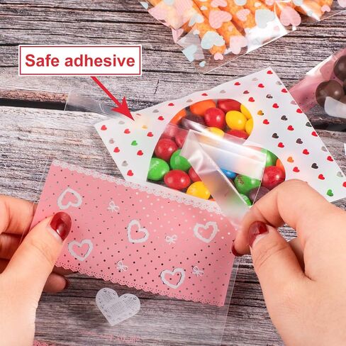 Whaline 400 Pieces Valentine Cellophane Bags Cookie Treat Bags, Heart Self-Adhesive Clear Plastic Candy Bags Party Favor Gifts Goodies Bags, 4 Styles in Saudi Arabia