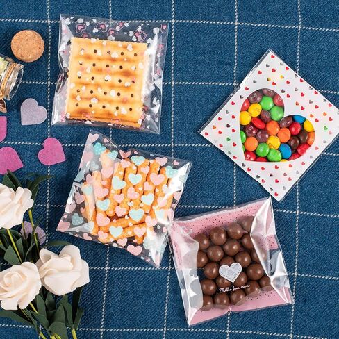 Whaline 400 Pieces Valentine Cellophane Bags Cookie Treat Bags, Heart Self-Adhesive Clear Plastic Candy Bags Party Favor Gifts Goodies Bags, 4 Styles in Saudi Arabia