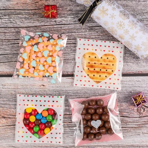 Whaline 400 Pieces Valentine Cellophane Bags Cookie Treat Bags, Heart Self-Adhesive Clear Plastic Candy Bags Party Favor Gifts Goodies Bags, 4 Styles in Saudi Arabia