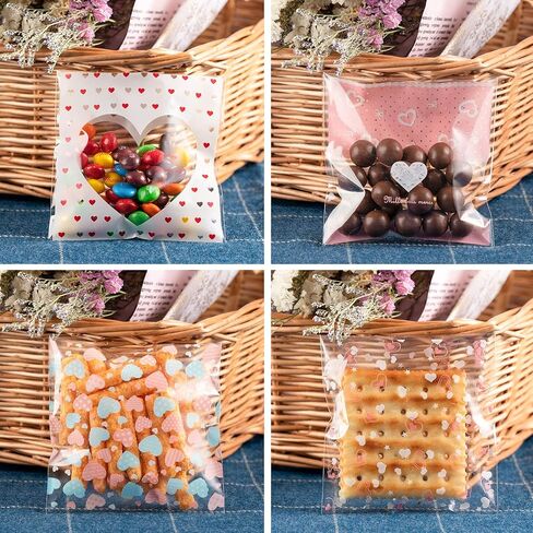 Whaline 400 Pieces Valentine Cellophane Bags Cookie Treat Bags, Heart Self-Adhesive Clear Plastic Candy Bags Party Favor Gifts Goodies Bags, 4 Styles in Saudi Arabia