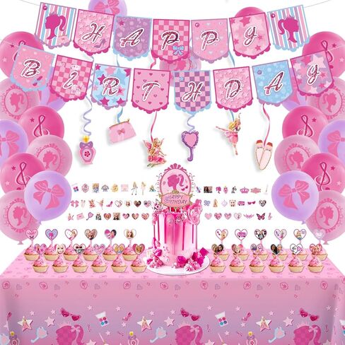 CAILESS Pink Party Decorations - Pink Girls Birthday Party Decorations 101Pcs Included Included Princess Theme Banner Tablecloth Cake Toppers 12'' Balloon Swirls Decor and Stickers for Girls Party in Kuwait