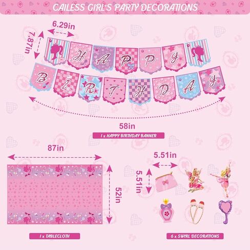CAILESS Pink Party Decorations - Pink Girls Birthday Party Decorations 101Pcs Included Included Princess Theme Banner Tablecloth Cake Toppers 12'' Balloon Swirls Decor and Stickers for Girls Party in Kuwait