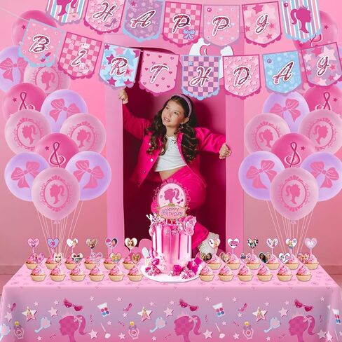 CAILESS Pink Party Decorations - Pink Girls Birthday Party Decorations 101Pcs Included Included Princess Theme Banner Tablecloth Cake Toppers 12'' Balloon Swirls Decor and Stickers for Girls Party in Kuwait