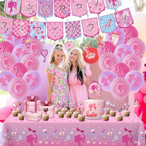 CAILESS Pink Party Decorations - Pink Girls Birthday Party Decorations 101Pcs Included Included Princess Theme Banner Tablecloth Cake Toppers 12'' Balloon Swirls Decor and Stickers for Girls Party in Kuwait