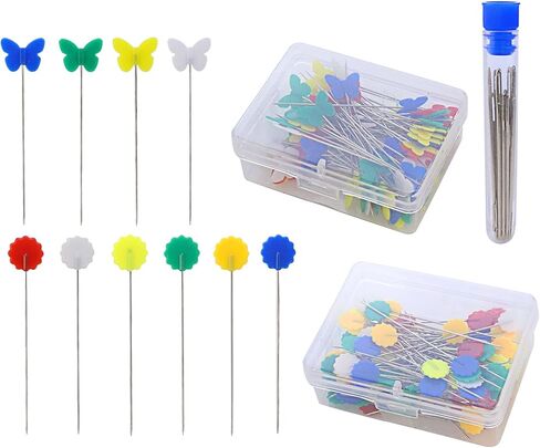 إبر خياطة العين الكبيرة ودبابيس الخياطة من HengKe، دبابيس مستقيمة ذات رأس مسطح مع رؤوس ملونة على شكل فراشة وزهرة، مجموعة دبابيس خياطة بإبرة مطرزة من الجلد (30 إبرة، 200 دبابيس مسطحة) in Kuwait