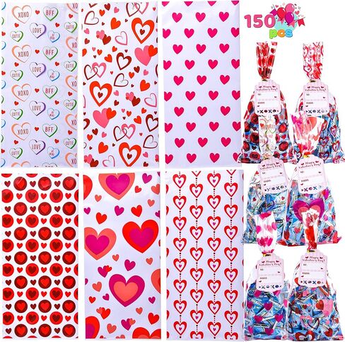 JOYIN 150 Pcs Valentine's Day Cellophane Gift Bag with Gift Tag, Candy Bag with 6 Valentine’s Themed Designs for Kids Party Favor, Classroom Exchange Prizes,Valentine’s Goody Bag in Saudi Arabia