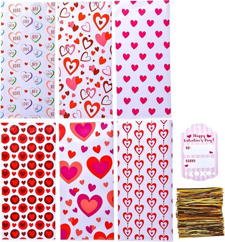 JOYIN 150 Pcs Valentine's Day Cellophane Gift Bag with Gift Tag, Candy Bag with 6 Valentine’s Themed Designs for Kids Party Favor, Classroom Exchange Prizes,Valentine’s Goody Bag in Saudi Arabia