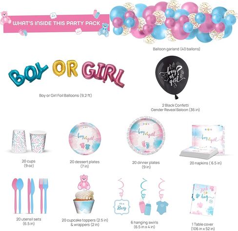 ماي جريكا لوازم حفلات الكشف عن جنس المولود (تكفي 20 قطعة) - ديكورات الكشف عن جنس المولود - بالونات بقصاصات ورقية واطباق واكواب واغطية كب كيك ولافتة عيد ميلاد سعيد ومفرش طاولة ومجموعة اكليل البالونات. in Kuwait