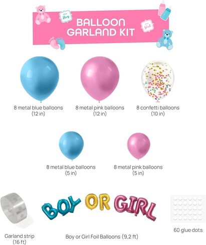 ماي جريكا لوازم حفلات الكشف عن جنس المولود (تكفي 20 قطعة) - ديكورات الكشف عن جنس المولود - بالونات بقصاصات ورقية واطباق واكواب واغطية كب كيك ولافتة عيد ميلاد سعيد ومفرش طاولة ومجموعة اكليل البالونات. in Kuwait