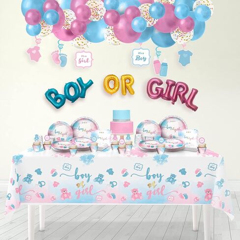 ماي جريكا لوازم حفلات الكشف عن جنس المولود (تكفي 20 قطعة) - ديكورات الكشف عن جنس المولود - بالونات بقصاصات ورقية واطباق واكواب واغطية كب كيك ولافتة عيد ميلاد سعيد ومفرش طاولة ومجموعة اكليل البالونات. in Kuwait