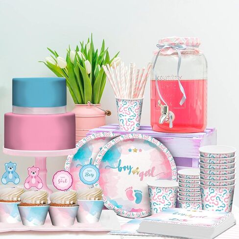 ماي جريكا لوازم حفلات الكشف عن جنس المولود (تكفي 20 قطعة) - ديكورات الكشف عن جنس المولود - بالونات بقصاصات ورقية واطباق واكواب واغطية كب كيك ولافتة عيد ميلاد سعيد ومفرش طاولة ومجموعة اكليل البالونات. in Kuwait