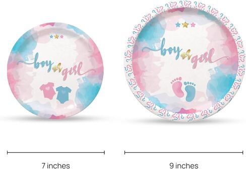 ماي جريكا لوازم حفلات الكشف عن جنس المولود (تكفي 20 قطعة) - ديكورات الكشف عن جنس المولود - بالونات بقصاصات ورقية واطباق واكواب واغطية كب كيك ولافتة عيد ميلاد سعيد ومفرش طاولة ومجموعة اكليل البالونات. in Kuwait