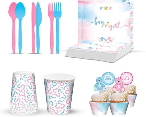 ماي جريكا لوازم حفلات الكشف عن جنس المولود (تكفي 20 قطعة) - ديكورات الكشف عن جنس المولود - بالونات بقصاصات ورقية واطباق واكواب واغطية كب كيك ولافتة عيد ميلاد سعيد ومفرش طاولة ومجموعة اكليل البالونات. in Kuwait