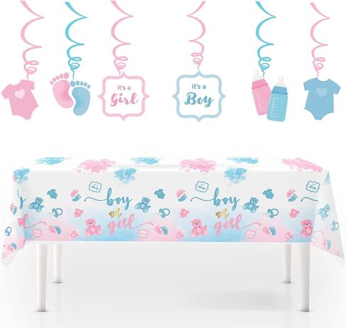 ماي جريكا لوازم حفلات الكشف عن جنس المولود (تكفي 20 قطعة) - ديكورات الكشف عن جنس المولود - بالونات بقصاصات ورقية واطباق واكواب واغطية كب كيك ولافتة عيد ميلاد سعيد ومفرش طاولة ومجموعة اكليل البالونات. in Kuwait