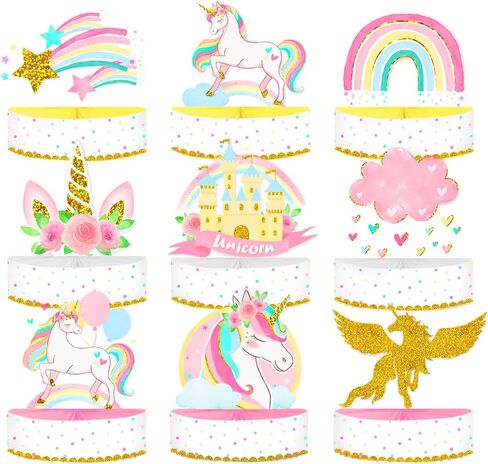 نيكرو هوم 9 قطع من ديكورات الحفلات بنمط يونيكورن، قطعة مركزية بتصميم قرص العسل على شكل وحيد القرن، ديكورات عيد ميلاد يونيكورن للبنات، حفلات استقبال المولود، أغطية طاولة حفلات بطابع يونيكورن in Kuwait