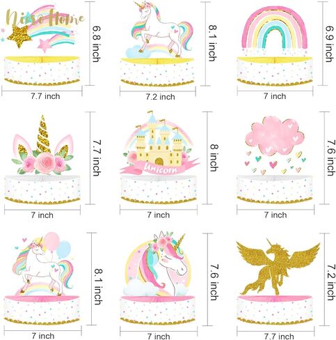 نيكرو هوم 9 قطع من ديكورات الحفلات بنمط يونيكورن، قطعة مركزية بتصميم قرص العسل على شكل وحيد القرن، ديكورات عيد ميلاد يونيكورن للبنات، حفلات استقبال المولود، أغطية طاولة حفلات بطابع يونيكورن in Kuwait