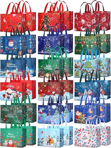 36 Pcs Christmas Tote Bags Reusable Gift Bag Large Christmas Bags with Handles Grocery Shopping Totes Gift Wrap Bags for Holiday Xmas Christmas Party Favors, 12.6'' x 9.84'' x 6.69'', 18 Styles in Saudi Arabia