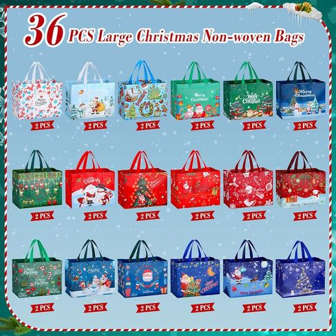 36 Pcs Christmas Tote Bags Reusable Gift Bag Large Christmas Bags with Handles Grocery Shopping Totes Gift Wrap Bags for Holiday Xmas Christmas Party Favors, 12.6'' x 9.84'' x 6.69'', 18 Styles in Saudi Arabia
