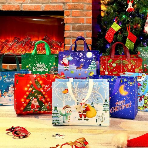 36 Pcs Christmas Tote Bags Reusable Gift Bag Large Christmas Bags with Handles Grocery Shopping Totes Gift Wrap Bags for Holiday Xmas Christmas Party Favors, 12.6'' x 9.84'' x 6.69'', 18 Styles in Saudi Arabia