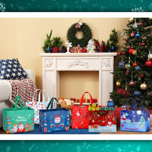 36 Pcs Christmas Tote Bags Reusable Gift Bag Large Christmas Bags with Handles Grocery Shopping Totes Gift Wrap Bags for Holiday Xmas Christmas Party Favors, 12.6'' x 9.84'' x 6.69'', 18 Styles in Saudi Arabia