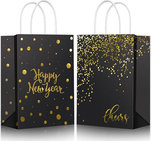 Zhanmai 36 قطعة من حقائب الهدايا السوداء Happy New Year بمقابض مقاس 8.27 × 5.91 × 3.15 بوصة، حقيبة ورقية من ورق الكرافت، حقائب تسوق بالتجزئة، هدايا لحفلات رأس السنة الجديدة لعيد الميلاد (محبطة باللون الذهبي) in Kuwait