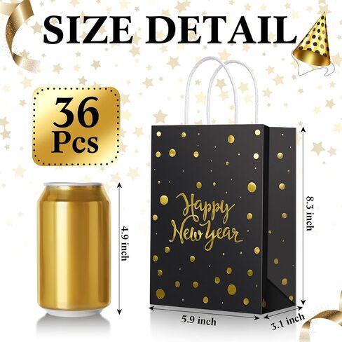 Zhanmai 36 قطعة من حقائب الهدايا السوداء Happy New Year بمقابض مقاس 8.27 × 5.91 × 3.15 بوصة، حقيبة ورقية من ورق الكرافت، حقائب تسوق بالتجزئة، هدايا لحفلات رأس السنة الجديدة لعيد الميلاد (محبطة باللون الذهبي) in Kuwait