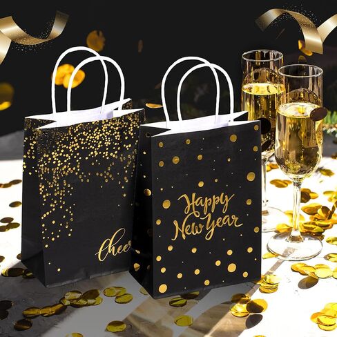 Zhanmai 36 قطعة من حقائب الهدايا السوداء Happy New Year بمقابض مقاس 8.27 × 5.91 × 3.15 بوصة، حقيبة ورقية من ورق الكرافت، حقائب تسوق بالتجزئة، هدايا لحفلات رأس السنة الجديدة لعيد الميلاد (محبطة باللون الذهبي) in Kuwait