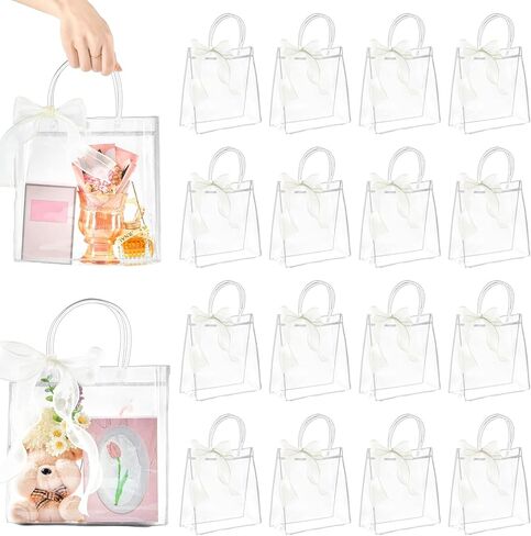 16 عبوة من اكياس الهدايا الشفافة مع مقبض من كليور، اكياس تغليف هدايا بلاستيكية من بلاستيك PVC قابلة لاعادة الاستخدام مع شريط، اكياس هدايا للحفلات للبيع بالتجزئة وهدايا الكريسماس وحفلات الزفاف وحفلات in Kuwait