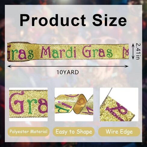 شرائط Hying Mardi Gras لأقواس إكليل الزهور، أشرطة حافة سلكية ذهبية لامعة من Mardi Gras Words أشرطة حرفية زينة لتغليف الهدايا الدهون الثلاثاء لوازم تزيين حفلات الكرنفال، 2.5 بوصة × 10 ياردات in Kuwait