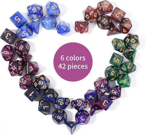 FLASHOWL Galaxy Dice Starry Sky مجموعة نرد متعدد السطوح ألعاب الطاولة النرد 6 مجموعات النرد 6 × 7 سلسلة يموت D20، D12، D10، D8، D6، D4 DND النرد DND RPG MTG ألوان مزدوجة، 6 ألوان تخفيف التوتر (42 قطعة) in Kuwait