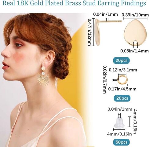 CREATCABIN 30Pcs 18K Gold Plated Brass Round Stud Earring Posts Earring with Loop Findings Components 30pcs Open Jump Ring 100pcs Plastic Ear Nuts for DIY Jewelry Making 12mm in Kuwait