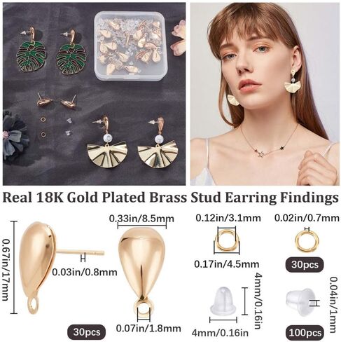 CREATCABIN 30Pcs 18K Gold Plated Brass Round Stud Earring Posts Earring with Loop Findings Components 30pcs Open Jump Ring 100pcs Plastic Ear Nuts for DIY Jewelry Making 12mm in Kuwait