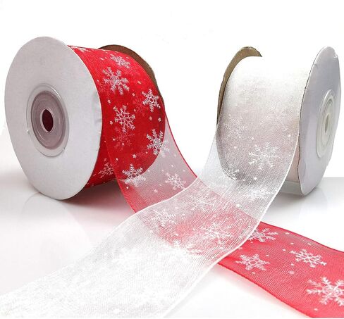 1.6 بوصة عرض من الساتان الأبيض والأحمر مع رقائق الثلج البيضاء لعيد الميلاد لتزيين حفلات الكريسماس، تغليف الهدايا 2 لفة 50.3 ياردة (46 م) in Kuwait