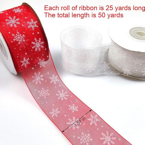 1.6 بوصة عرض من الساتان الأبيض والأحمر مع رقائق الثلج البيضاء لعيد الميلاد لتزيين حفلات الكريسماس، تغليف الهدايا 2 لفة 50.3 ياردة (46 م) in Kuwait