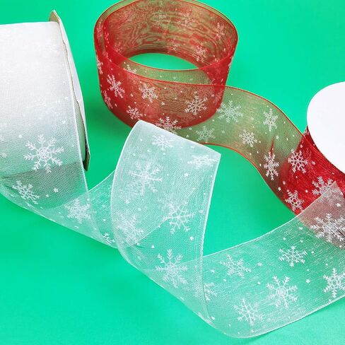 1.6 بوصة عرض من الساتان الأبيض والأحمر مع رقائق الثلج البيضاء لعيد الميلاد لتزيين حفلات الكريسماس، تغليف الهدايا 2 لفة 50.3 ياردة (46 م) in Kuwait