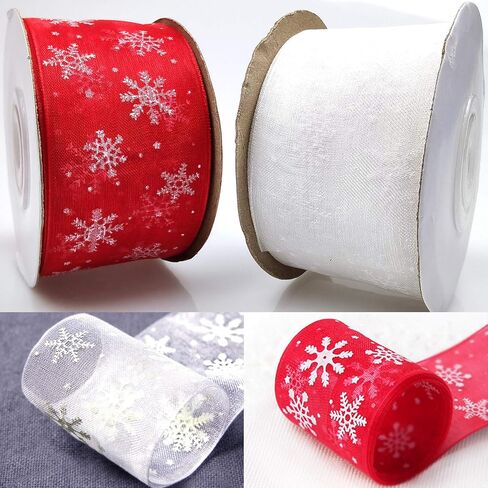 1.6 بوصة عرض من الساتان الأبيض والأحمر مع رقائق الثلج البيضاء لعيد الميلاد لتزيين حفلات الكريسماس، تغليف الهدايا 2 لفة 50.3 ياردة (46 م) in Kuwait
