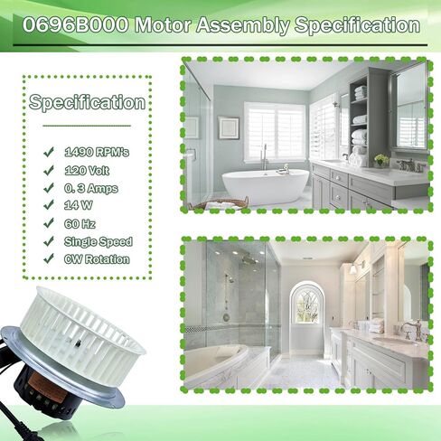 Upgraded 0696B000 Motor Assembly Compatible with Nutone Bathroom Fan QT100 QT110 and QT9093 Series, for Bathroom Fan Replacement Parts, Replace for 8253210230、8253210930, etc., 5 Years Warranty in Kuwait