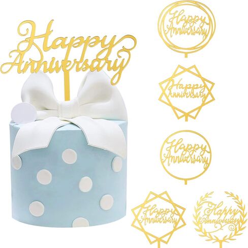 زينة كعكة عيد ميلاد سعيد من يووكي لتزيين الكيك، 6 قطع أكريليك لحفلات الزواج ولوازم الحفلات، طبقة علوية بتصميم الذكرى السنوية اللامعة باللون الذهبي in Kuwait